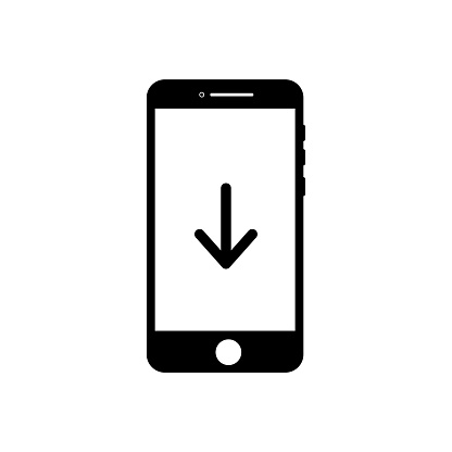 Download smartphone icon in black flat design on white background, File download on screen