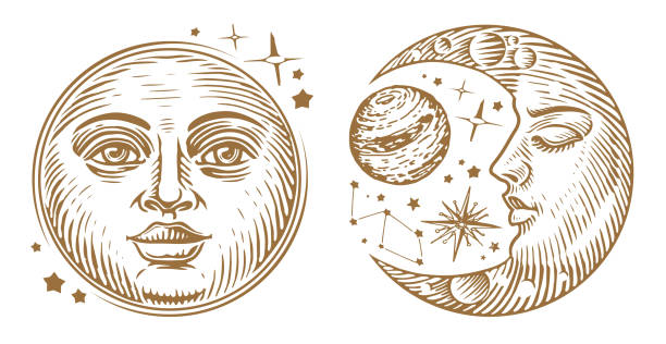 Crescent, moon with face and stars. Esoteric and occult magic sign. Astrology engraving vector vintage illustration