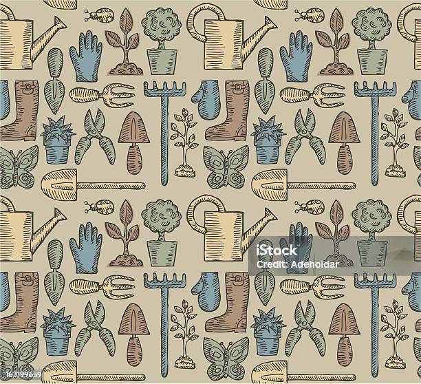 빈티지 가든 패턴 0명에 대한 스톡 벡터 아트 및 기타 이미지 - 0명, 가지치기 가위, 갈퀴