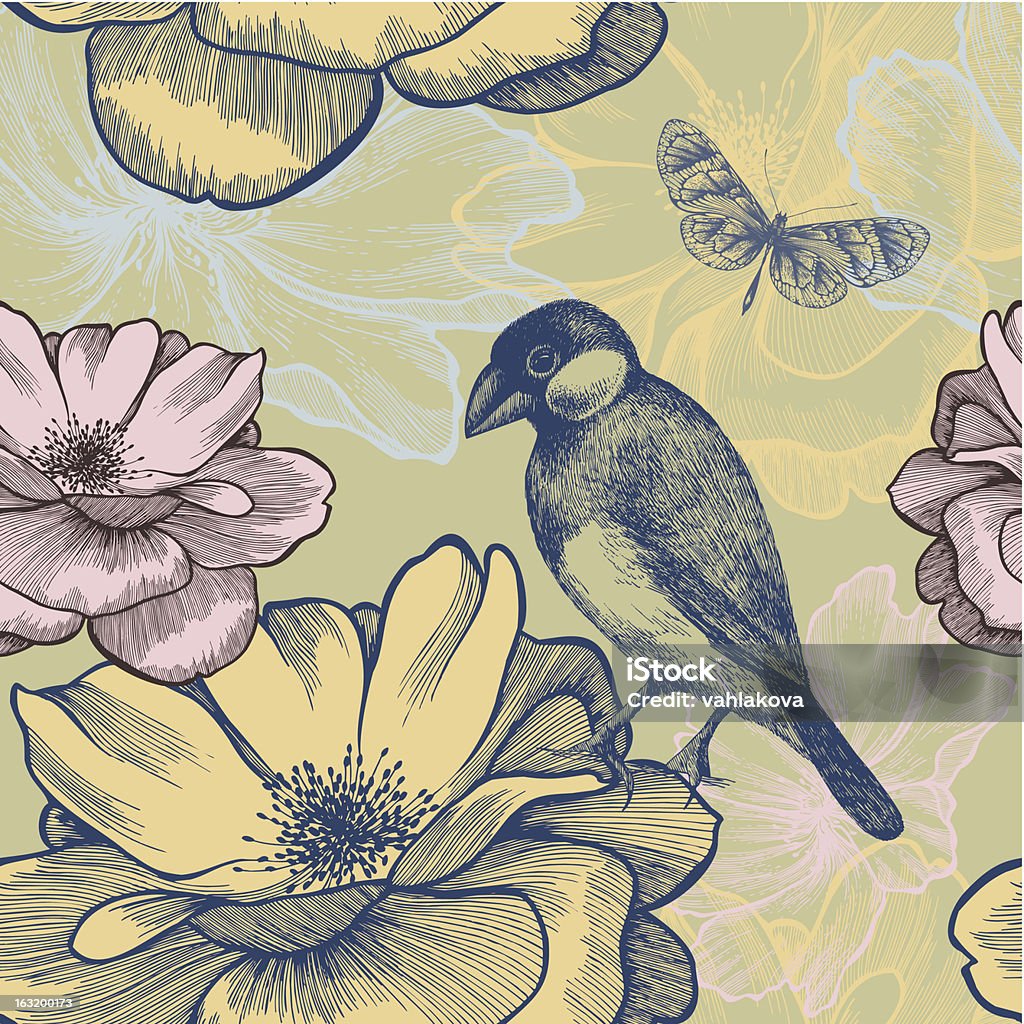 Fond sans couture avec oiseaux, roses et papillon. illustration vectorielle. - clipart vectoriel de Beauté libre de droits