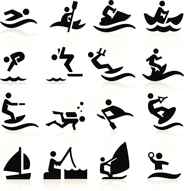 Black and white water sports icons simplified but well drawn Icons, smooth corners no hard edges unless it’s required,  swimming silhouettes stock illustrations