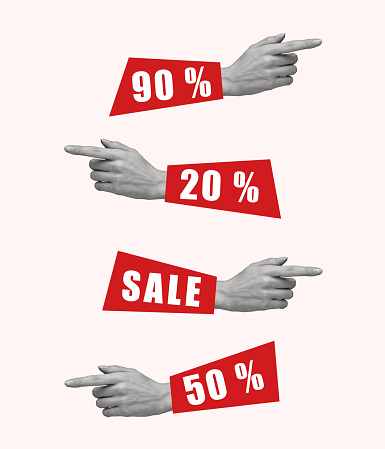 Contemporary art collage of hand and sale signs. Concept of shopping, Black Friday, big sales, buying products. Modern design.