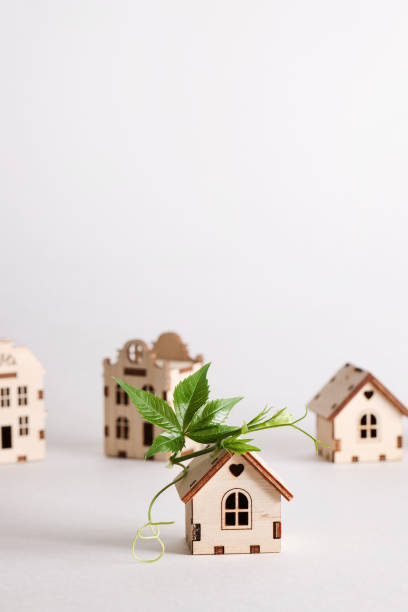 istock retrofit movement, future proofing homes, net zero carbon, adapting buildings concept. toy houses with green leaf on roof on white background. 1632015444