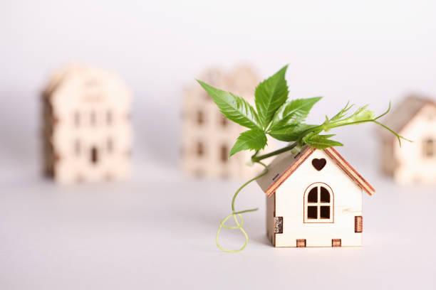 istock retrofit movement, future proofing homes, net zero carbon, adapting buildings concept. toy houses with green leaf on roof on white background. 1632016003