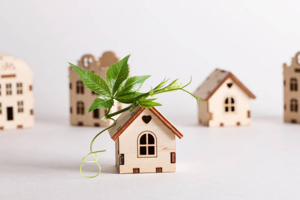 istock retrofit movement, future proofing homes, net zero carbon, adapting buildings concept. toy houses with green leaf on roof on white background. 1632016264