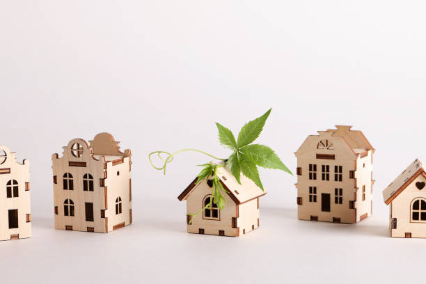 istock retrofit movement, future proofing homes, net zero carbon, adapting buildings concept. toy houses with green leaf on roof on white background. 1632017622