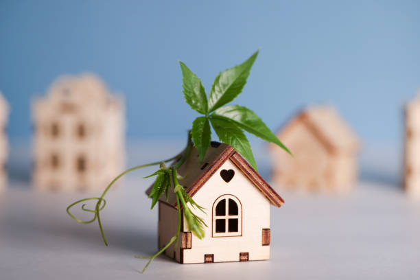 istock retrofit movement, future proofing homes, net zero carbon, adapting buildings concept. toy houses with green leaf on roof on blue background. 1632018151