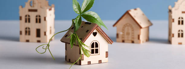 movimento de retrofit, casas à prova de futuro, carbono líquido zero, adaptando o conceito de edifícios. casas de brinquedo com folha verde no telhado no fundo azul. - retrofitting - fotografias e filmes do acervo