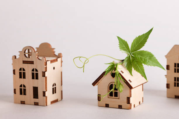 istock retrofit movement, future proofing homes, net zero carbon, adapting buildings concept. toy houses with green leaf on roof on white background. 1632018165