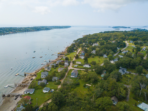 Aerial view of a Harpswell water front neighborhood. Pictures taken with drone during the summer