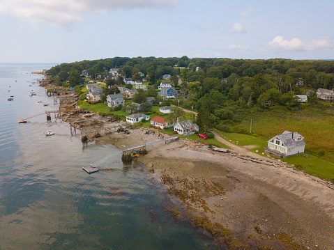 Aerial view of a Harpswell water front neighborhood. Pictures taken with drone during the summer