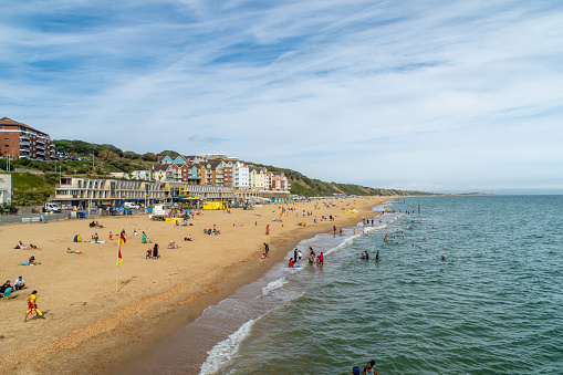 Boscomb, UK - August 11th 2023: People on Boscomb Beach.