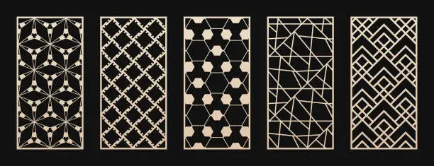 Vector illustration of CNC, laser cut vector templates set. Modern abstract geometric panels with grid