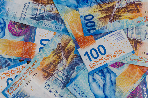 Background of one hundred swiss francs banknotes