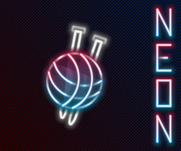 istock Glowing neon line Yarn ball with knitting needles icon isolated on black background. Label for hand made, knitting or tailor shop. Colorful outline concept. Vector 1632027576