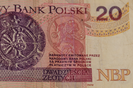 Macro shot of twenty polish zloty banknote