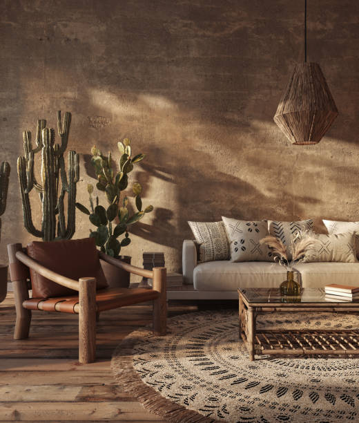 istock Interior design in wabi sabi style on brown clay wall background, 3d rendering 1632034432