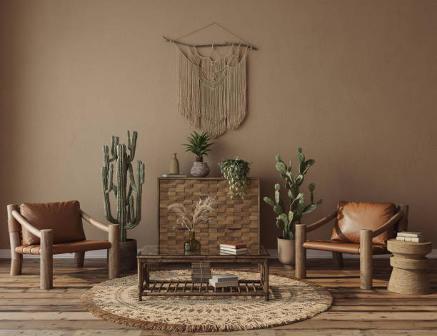 istock Interior design in wabi sabi style on brown clay wall background, 3d rendering 1632034569