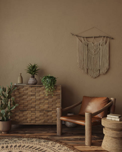 istock Interior design in wabi sabi style on brown clay wall background, 3d rendering 1632034570
