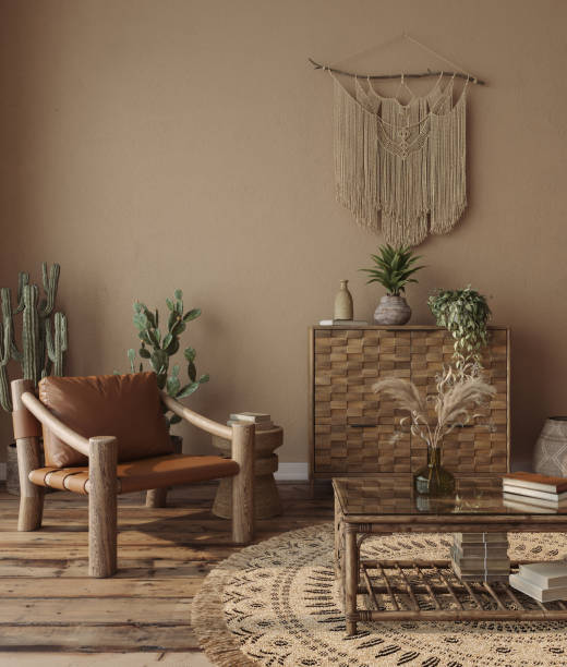 istock Interior design in wabi sabi style on brown clay wall background, 3d rendering 1632034575