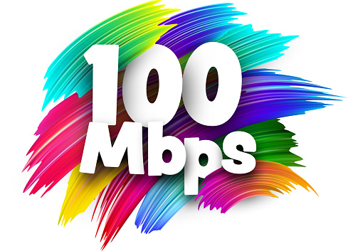 100 Mbps paper word sign with colorful spectrum paint brush strokes over white. Vector illustration.