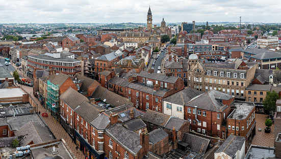 Wakefield, UK - August 17, 2023.  An aerial panoramic view of a Wakefield cityscape skyline in the town centre of this North east England city