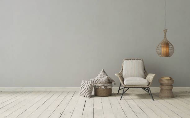 istock Minimalist interior design with wicker armchair and rustic decor. Living room mockup, 3d render 1632043130