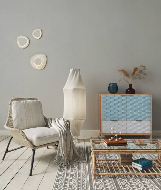 istock Minimalist interior design with wicker armchair and rustic decor. Living room mockup, 3d render 1632043308