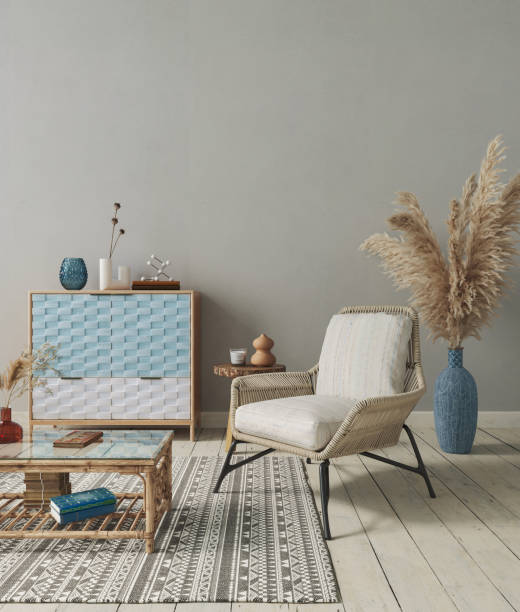istock Minimalist interior design with wicker armchair and rustic decor. Living room mockup, 3d render 1632043309