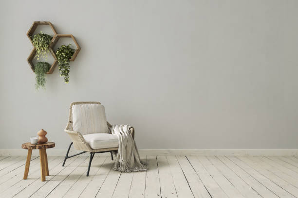 istock Minimalist interior design with wicker armchair and rustic decor. Living room mockup, 3d render 1632043318
