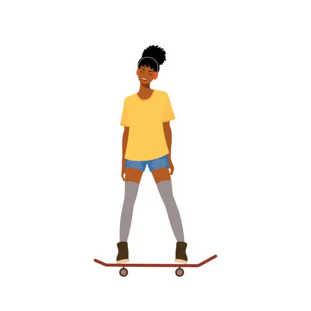 Vector illustration of African american girl in headphones riding skateboard