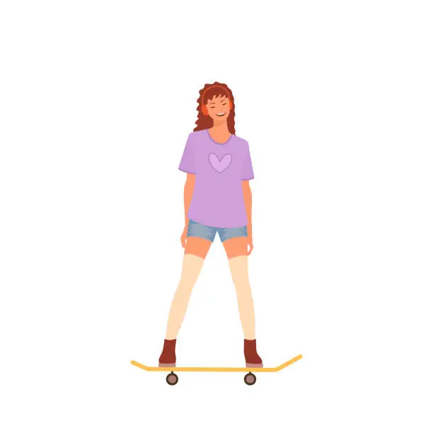 Vector illustration of Cute young woman in headphones riding skateboard. Girl listens to music