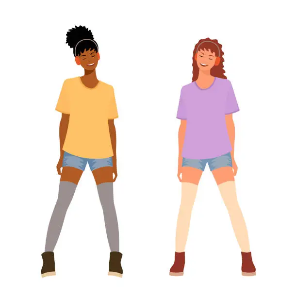 Vector illustration of Two girls in headphones listen to music. Fashion for teenagers