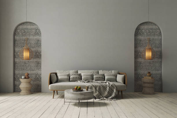 istock Minimalist interior design on arch wall background. Wall mockup concept, 3d render 1632054179