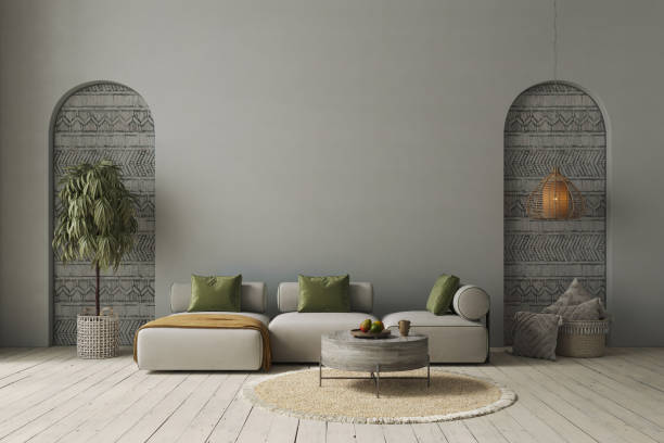 istock Minimalist interior design on arch wall background. Wall mockup concept, 3d render 1632054314
