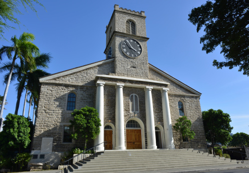 XXLarge view of Kawaiahao church, known as Hawaii’s Westminster Abbey, built in 1842. This Church is a historic Congregational church, a U.S. National Historic Landmark included in National Register of Historic Places. At one time the national church of the Hawaiian Kingdom and chapel of the royal family, reigning Kamehameha Dynasty and Kalakaua Dynasty.