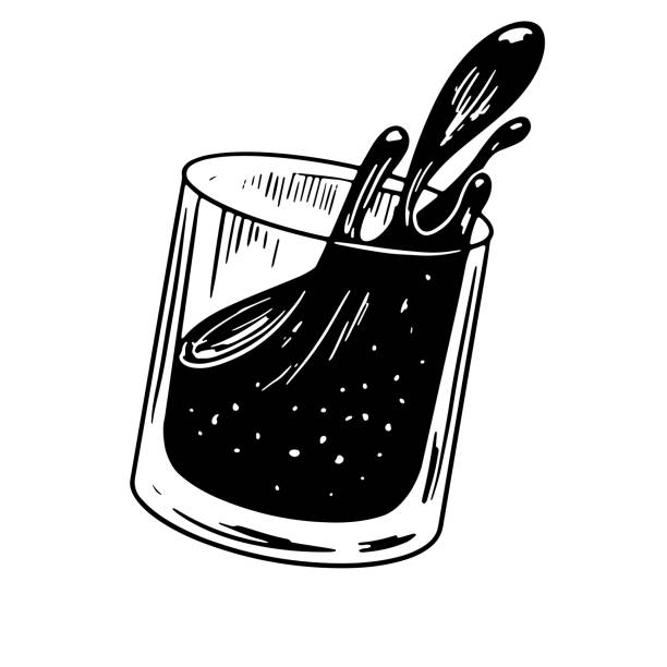 schwarz-weißes glas verschütteter whisky - spilling wine glass drink stock-grafiken, -clipart, -cartoons und -symbole