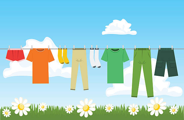 ilustracja przedstawiająca ubrania suszenia na zewnątrz - clothesline stock illustrations