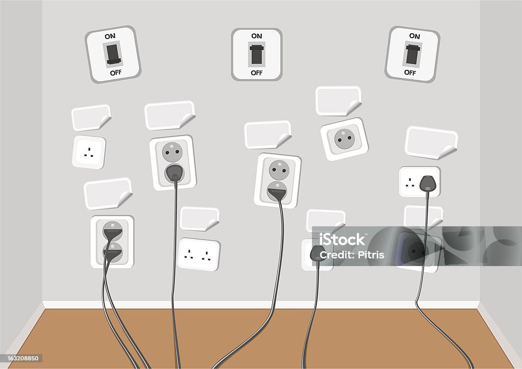 Tomadas eléctricas com várias cabos ligados - Royalty-free Grupo Grande de Objetos arte vetorial