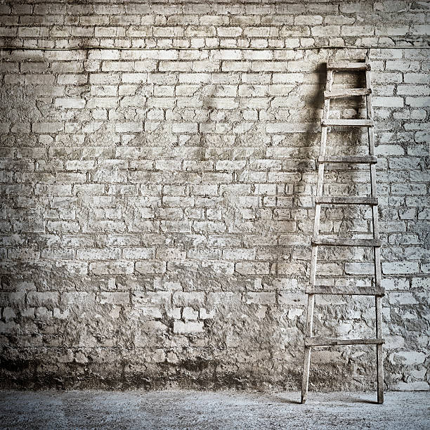 istock Ladder leaning against weathered brick wall 163209516