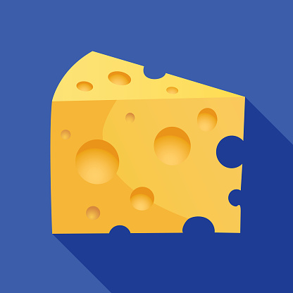 Vector illustration of a wedge of Swiss cheese on a blue background.