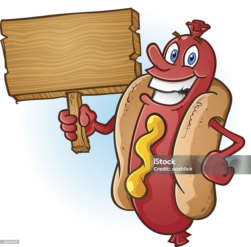Hot Dog kreskówka przytrzymanie puste drewniane znak - Grafika wektorowa royalty-free (Hot dog)