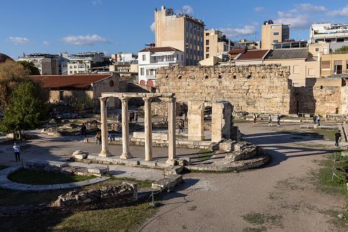 Athens, Greece - October 17, 2022: Hadrian Library, remains of Roman Emperor Hadrian building in antique times