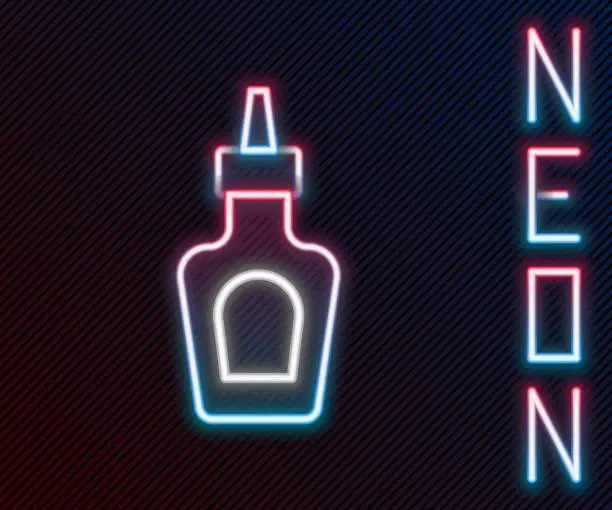 Vector illustration of Glowing neon line Sauce bottle icon isolated on black background. Ketchup, mustard and mayonnaise bottles with sauce for fast food. Colorful outline concept. Vector