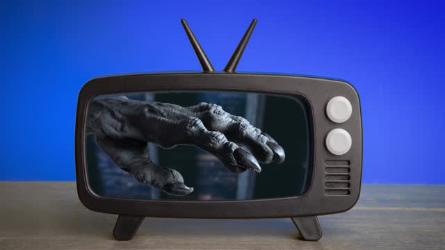 Scary Movie Glitching Out on Retro Television Set