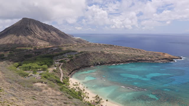 Wide reveal shot of Hanauma Bay on a sunny clear day with great weather