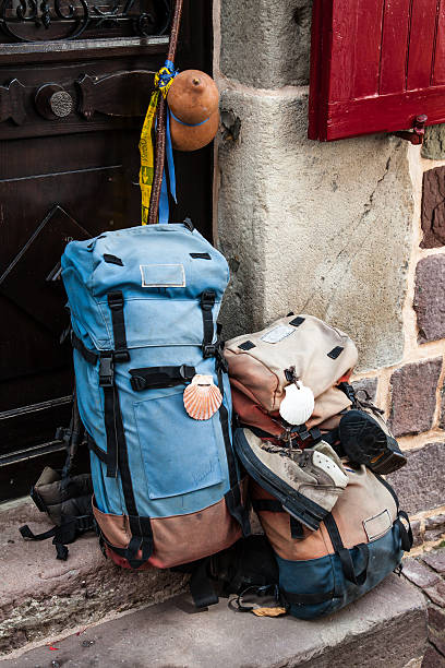 istock Backpacks on the facade of a hostel for pilgrims 163219060