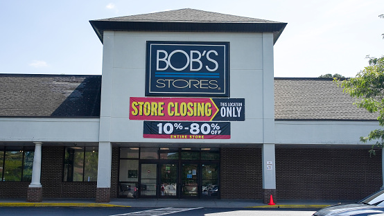 Norwalk, CT, USA- August 22, 2023: Bob's store location closing sign on store before moving to other location