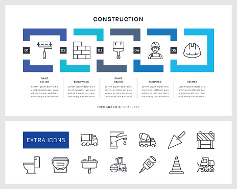 Construction Five Steps Square Shape Infographic Design with editable stroke line icons.
