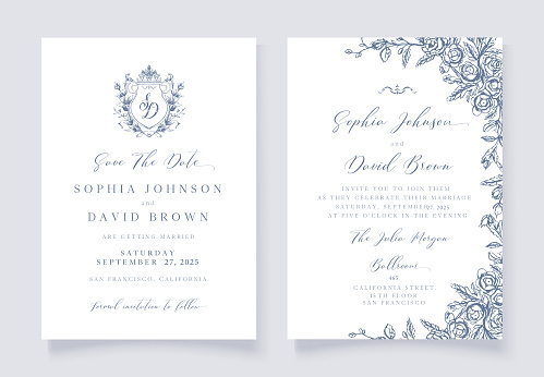 Vintage Floral Wedding Invitation, Save The Date , blue antique wedding. vector